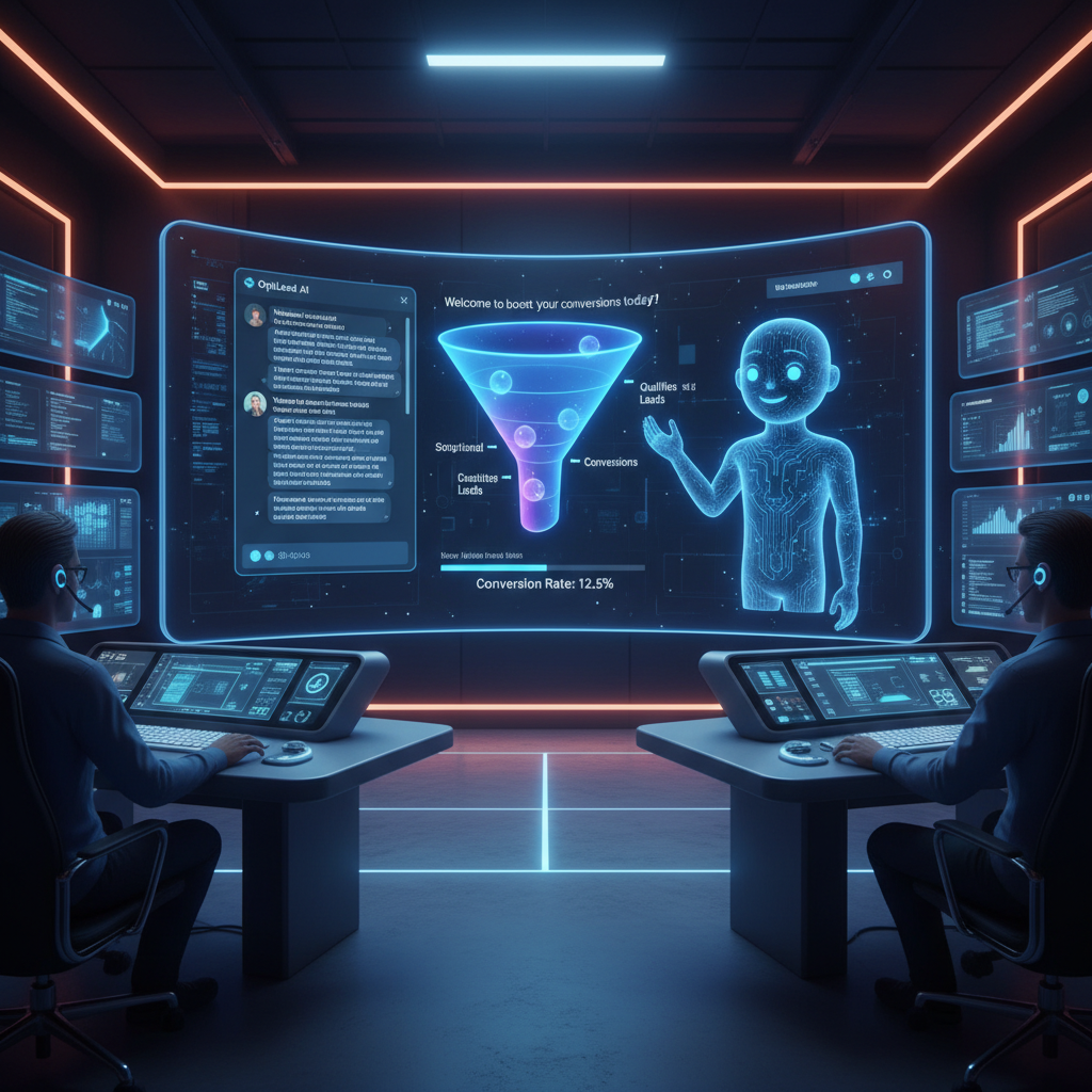 A photorealistic image of a high-tech command center focused on a large curved monitor displaying a live chat interface and a dynamic funnel that converts website visitors into leads, with a sleek AI chatbot avatar guiding the interaction. Cinematic lighting, professional studio quality, 8k.