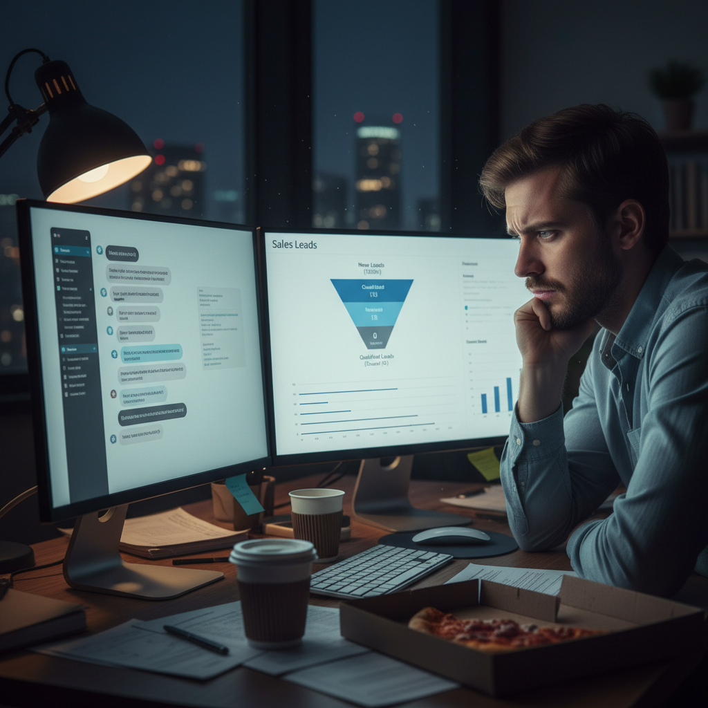 A photorealistic image of a dimly lit office with a computer screen showing a generic chatbot interface with bland, repetitive chat bubbles; a second screen displays a dashboard with a stagnant leads funnel and a worried marketer reviewing the data. Cinematic lighting, professional studio quality, 8k.