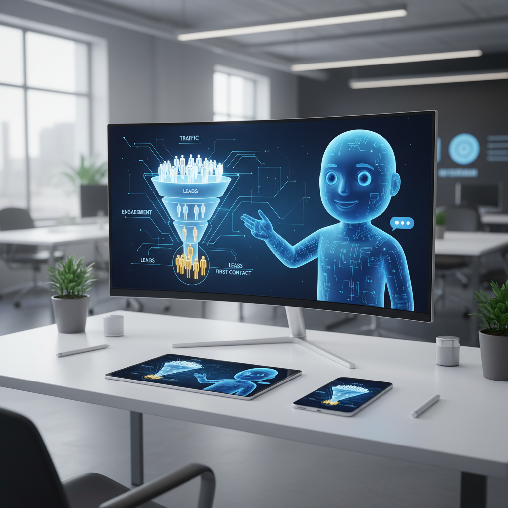 A photorealistic image of a bright marketing hub where a polished AI chatbot avatar engages a visitor on a large monitor; the screen shows a clear conversion funnel with traffic entering and leads emerging at the first contact; a tablet and phone on the desk mirror the real-time interaction. Cinematic lighting, professional studio quality, 8k.