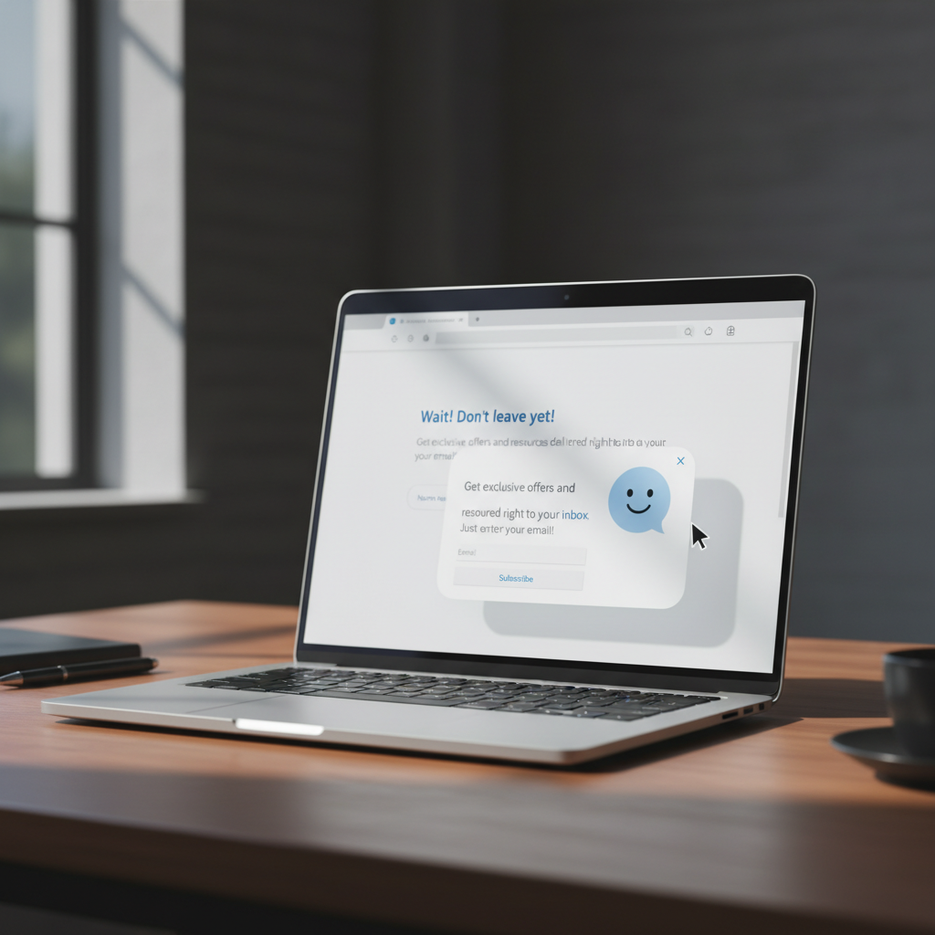 A photorealistic image of a laptop screen showing a website with a chat widget popping up at the exact moment a visitor is about to leave, a cursor hovering near the close button, conveying the forgotten moment to capture a lead. Cinematic lighting, professional studio quality, 8k.