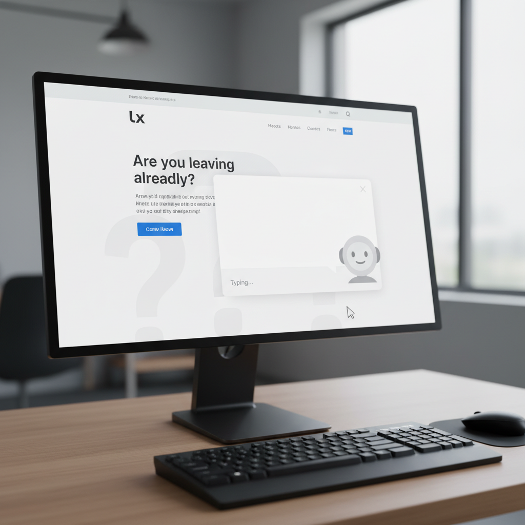 A photorealistic image of a website where a chat widget fails to engage a leaving visitor, with a cursor near the close button and an empty chat bubble indicating a stalled conversation. Cinematic lighting, professional studio quality, 8k.