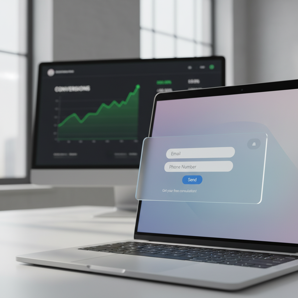 A photorealistic image of a modern chat widget delivering an effective lead capture tactic: a minimal two-field form sliding in from the side of a website as a user engages on a laptop, with an analytics dashboard in the background showing rising conversions. Cinematic lighting, professional studio quality, 8k.