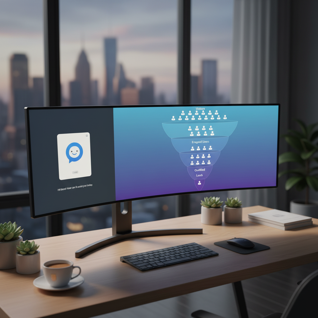 A photorealistic image of a modern marketing workspace with a desktop monitor displaying a chatbot interface and a large secondary monitor showing a conversion funnel; the funnel has many visitor icons at the top and significantly fewer leads at the bottom. Cinematic lighting, professional studio quality, 8k.