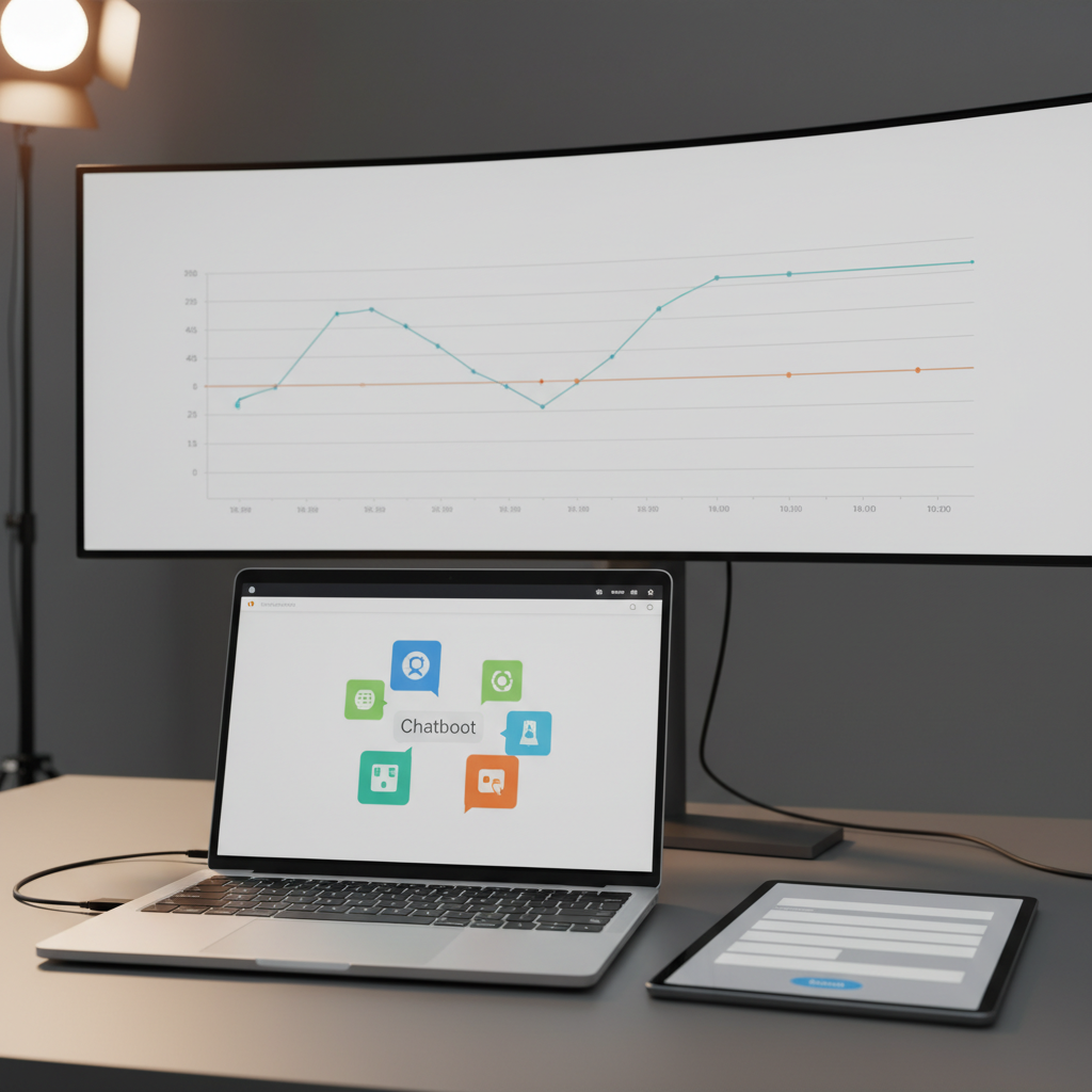 A photorealistic image of a workstation where a laptop shows a chatbot UI with icon-based elements and no readable text, a tablet beside it displays an empty lead capture form with blank fields, and a monitor in the background reveals a stagnant leads chart. Cinematic lighting, professional studio quality, 8k.