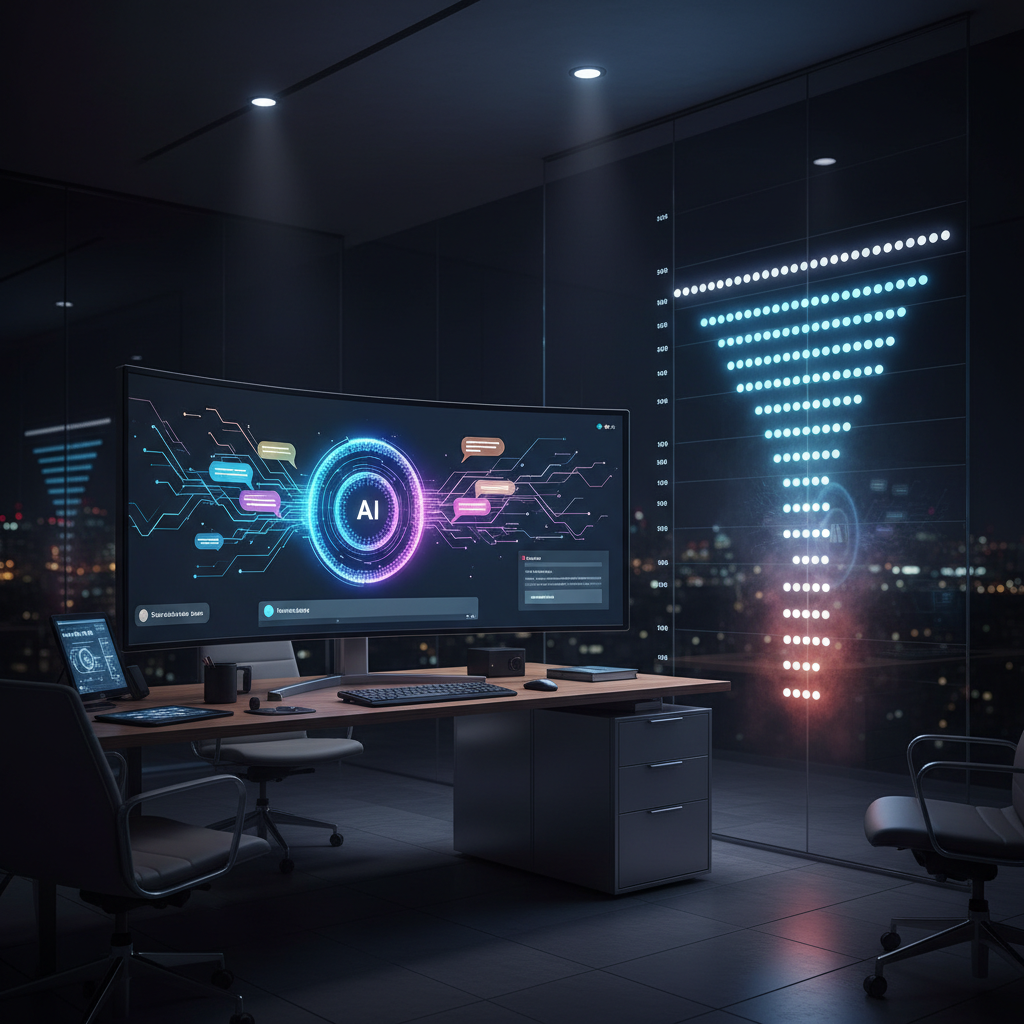 A photorealistic image of a high-tech marketing workspace centered on a large monitor displaying a personalized chatbot interface represented by a circular avatar and abstract speech bubbles (no text), with a transparent glass wall chart showing a multi-stage lead funnel as glowing dots, some dots fading at lower stages to illustrate missing qualification. Cinematic lighting, professional studio quality, 8k.
