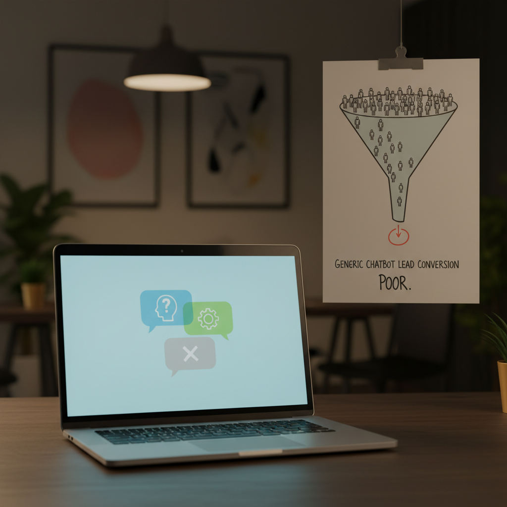 A photorealistic image of a laptop screen showing a generic chatbot interface with simple icons in speech bubbles (no text) and a nearby wall chart depicting a funnel with many visitor icons at the top and few progressing downward, conveying poor lead conversion from generic chatbots. Cinematic lighting, professional studio quality, 8k.