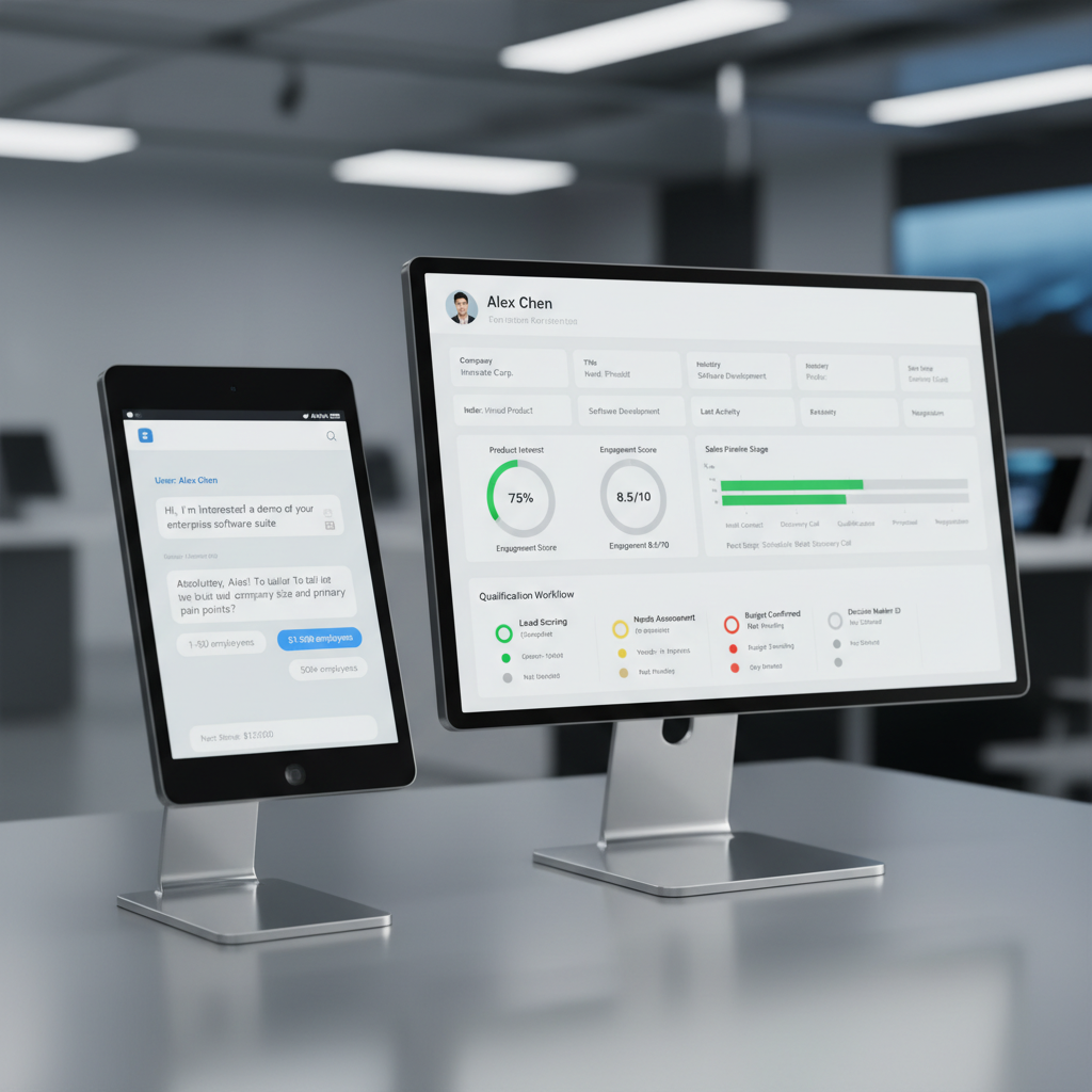 A photorealistic image of a personalized chatbot conversation on a tablet feeding a CRM dashboard on a second screen, showing a customer profile with charts and data points, and a visible qualification workflow with colored status indicators. Cinematic lighting, professional studio quality, 8k.