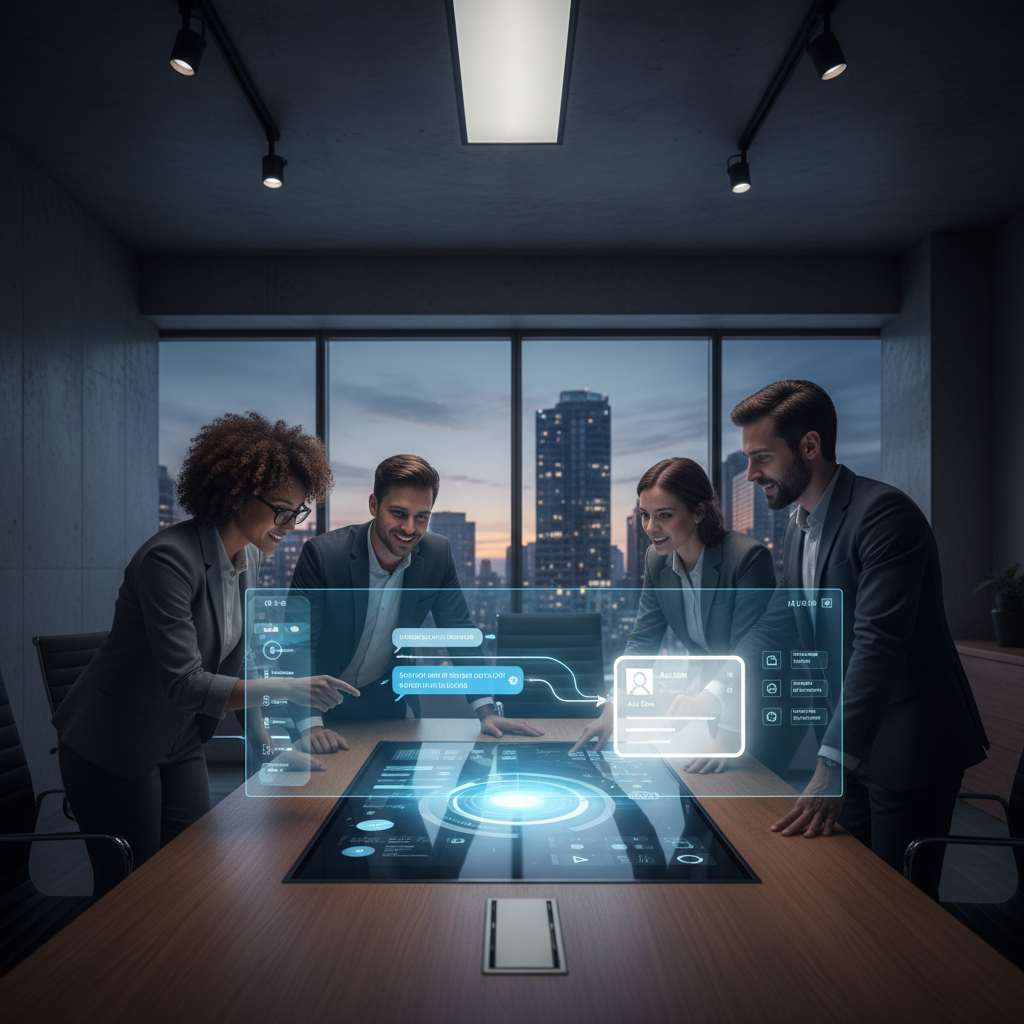 A photorealistic image of a diverse team in a modern conference room, gathered around a large touchscreen displaying a live chatbot conversation. A glowing connector runs from the chat area to a highlighted user card on the screen, while the rest of the interface remains dim to imply a powerful lead-capture mechanism embedded within conversations. Cinematic lighting, professional studio quality, 8k.