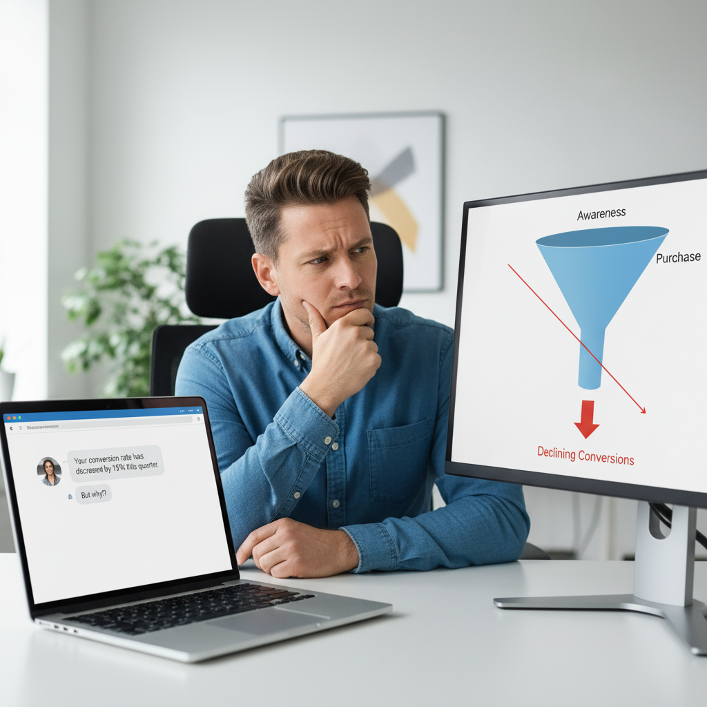 A photorealistic image of a tidy desk with a laptop showing a chatbot conversation and a second monitor displaying a funnel diagram with a noticeable decline, while a marketer with a puzzled expression studies the screens. Cinematic lighting, professional studio quality, 8k.