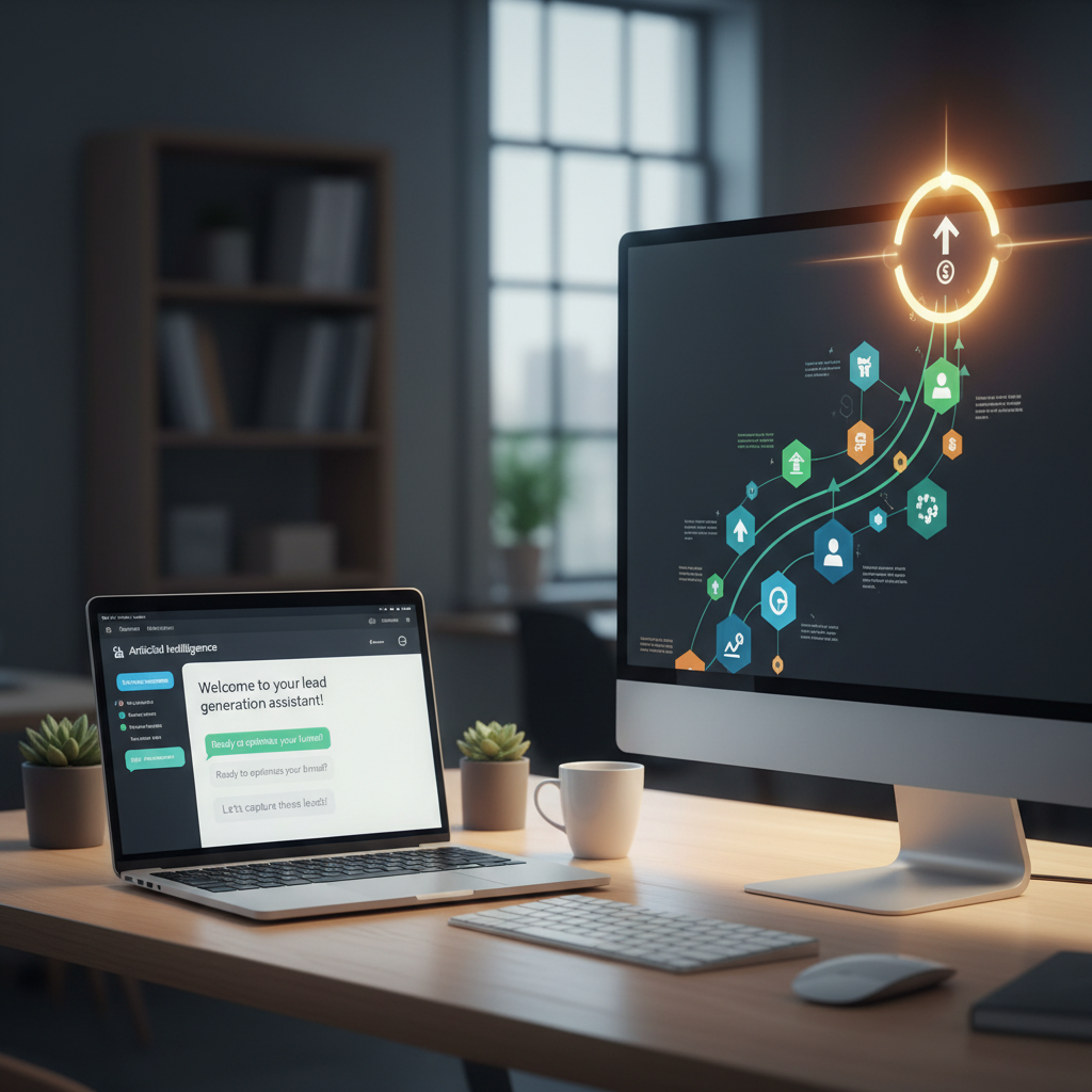 A photorealistic image of a clean desk with a laptop showing a chatbot conversation and a second monitor illustrating an ascending flow of abstract icons representing lead-capture steps, culminating in a bright final stage. Cinematic lighting, professional studio quality, 8k.