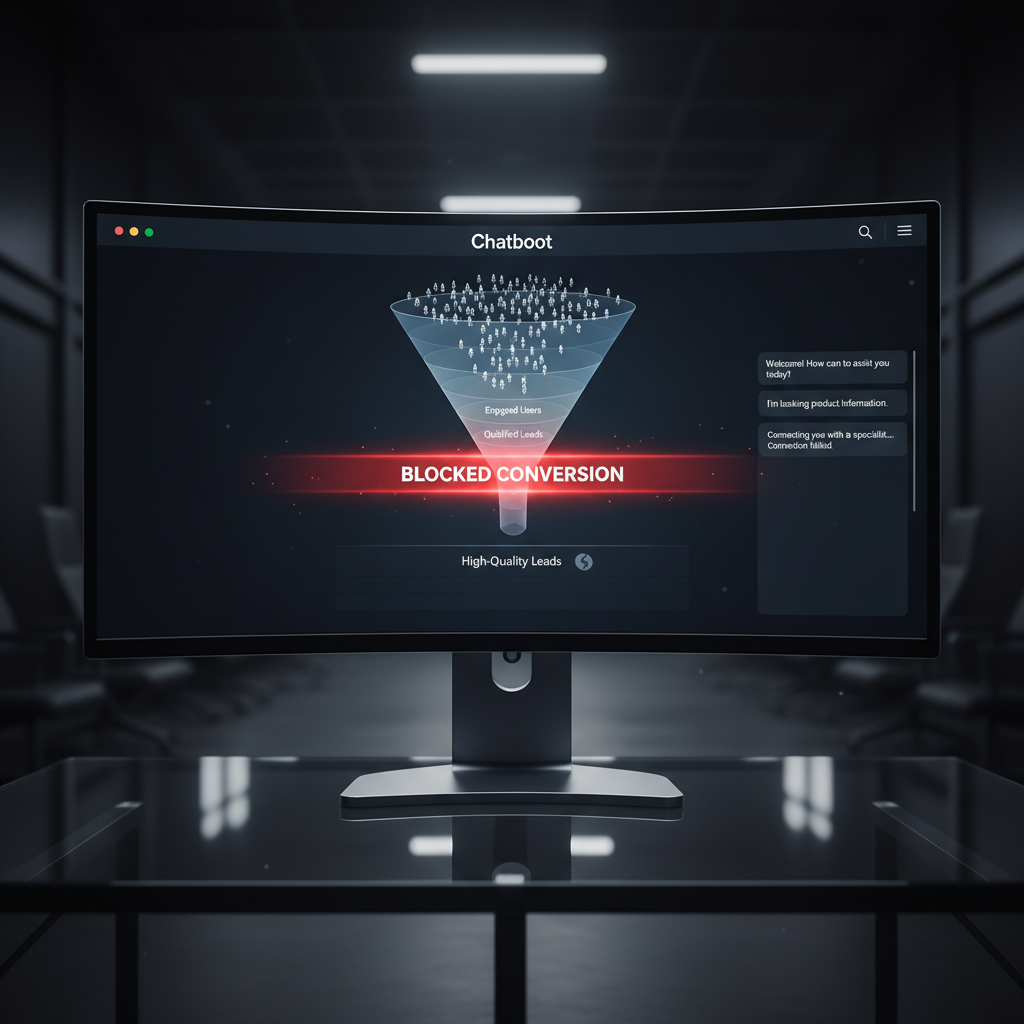 A photorealistic image of a modern corporate chatbot interface on a large monitor, with a data funnel visualization showing numerous visitor icons at the top and a red barrier across the lower portion, symbolizing blocked conversion to high-quality leads. Cinematic lighting, professional studio quality, 8k.