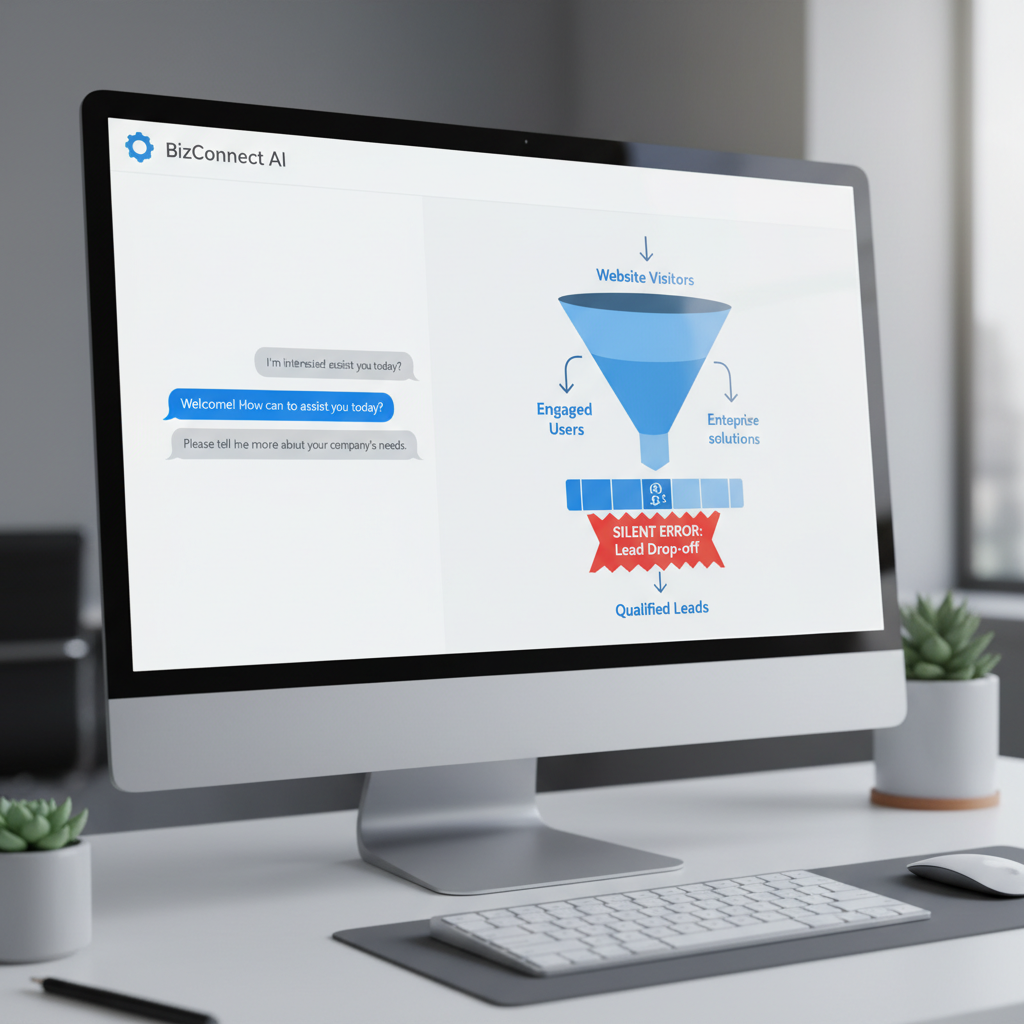 A photorealistic image of a corporate chatbot chat window on a desktop, with a conversion funnel graphic beside the chat showing a partial flow and a red barrier at the bottom, illustrating a silent error preventing visitors from becoming high-quality leads. Cinematic lighting, professional studio quality, 8k.