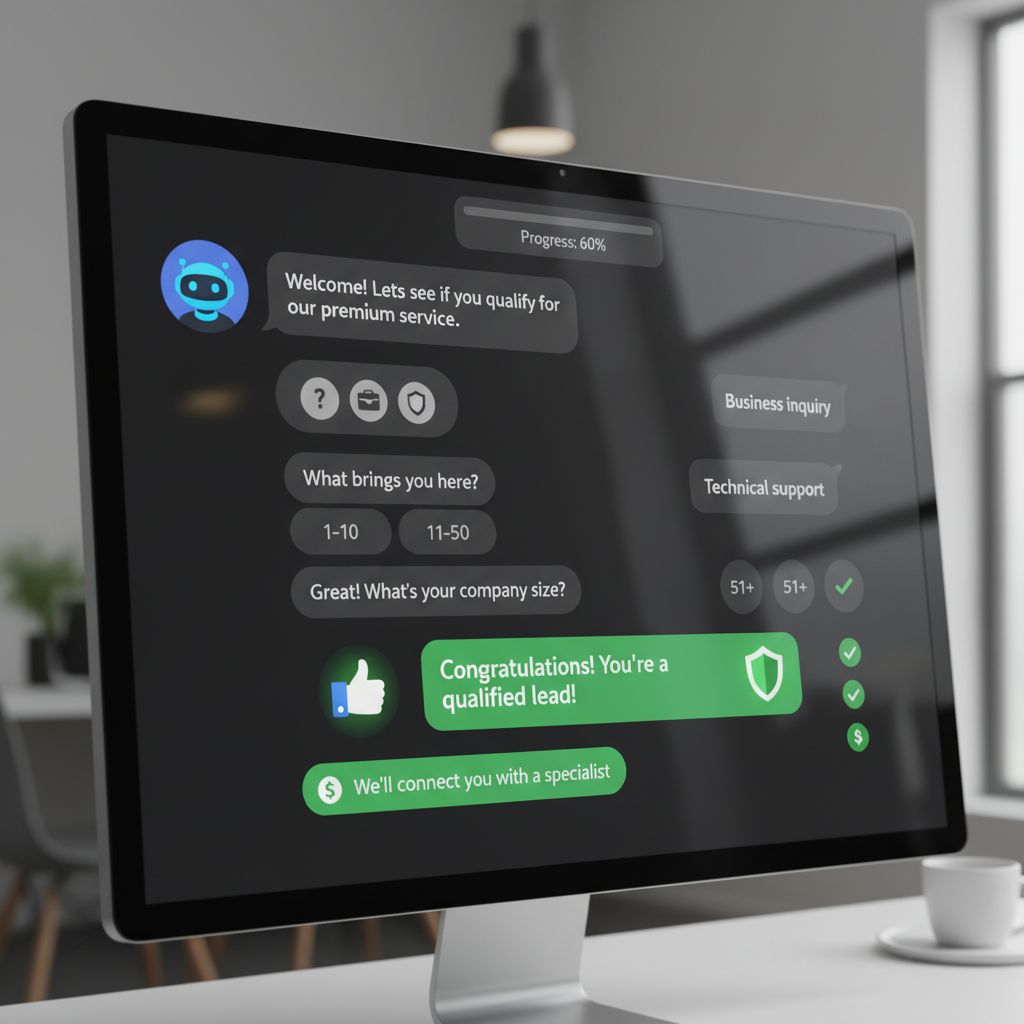 A photorealistic image of a desktop chatbot conversation where the bot guides a user through a qualification flow inside the chat, displaying non-text bubbles, a subtle progress indicator, and green status icons signaling qualified leads, all within a smooth user experience. Cinematic lighting, professional studio quality, 8k.