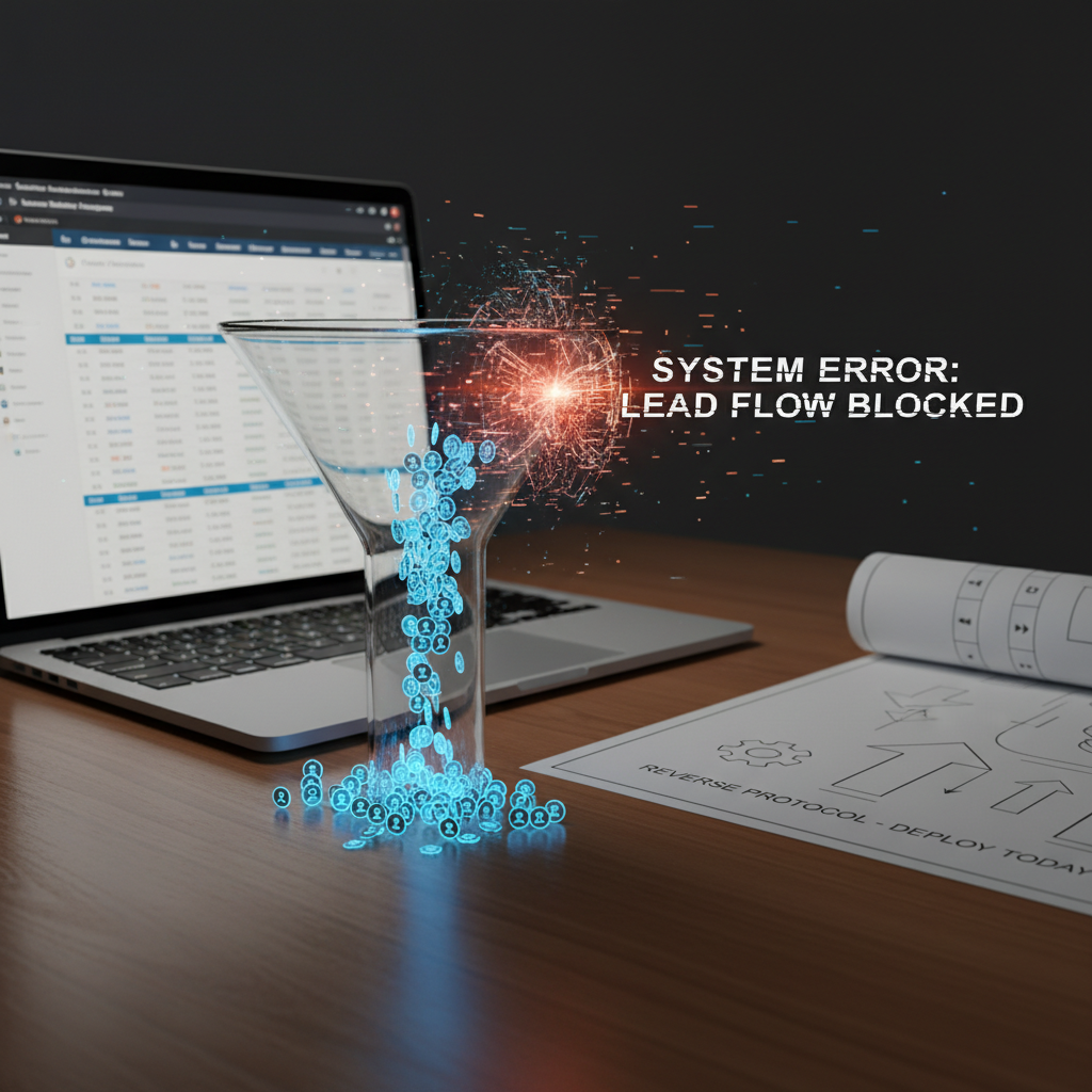 A photorealistic image of a modern marketing workspace featuring a glass funnel on a desk connected to a laptop displaying a CRM dashboard with glowing lead icons, while a transparent digital glitch swirls inside the funnel’s narrow throat, blocking lead flow and signaling an invisible error; a blueprint on the desk hints at a simple plan to reverse it today. Cinematic lighting, professional studio quality, 8k.