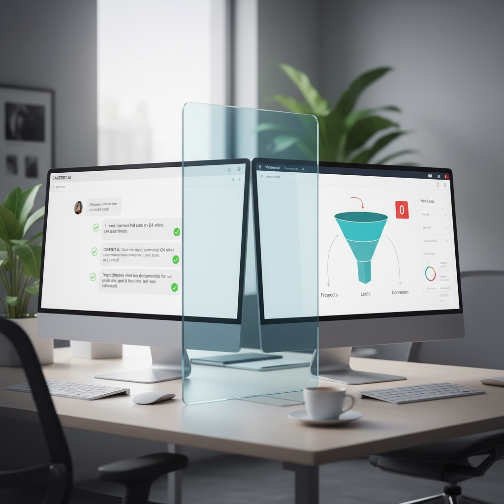 A photorealistic image of a contemporary office setup where a computer monitor shows a chatbot interface giving correct responses, and a nearby analytics screen displays a funnel with no new leads entering; a thin transparent barrier sits between the chatbot and the funnel to visualize the invisible problem. Cinematic lighting, professional studio quality, 8k.