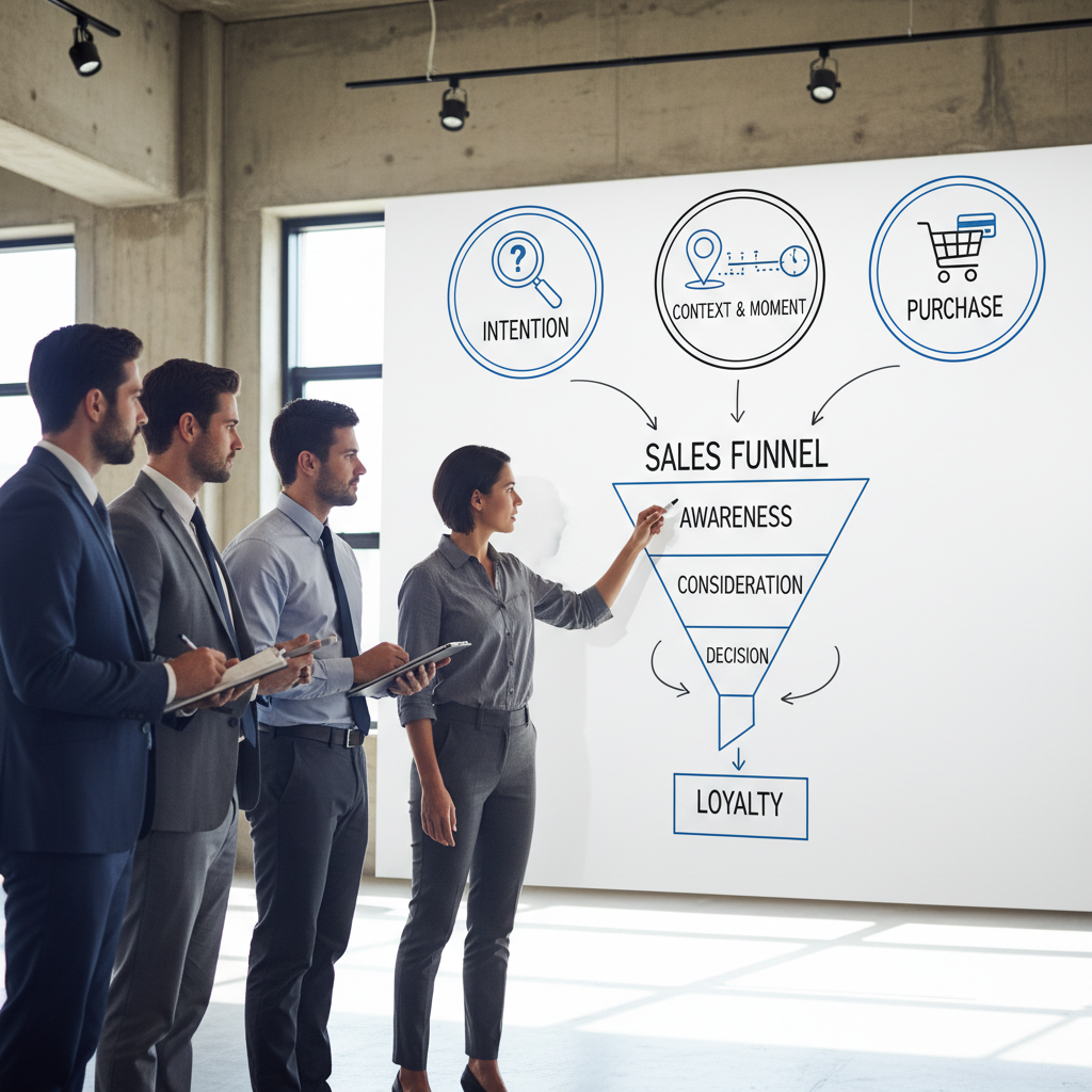 A photorealistic image of a team around a whiteboard plan, with clear icons representing intention, context, and moment of purchase (magnifying glass, location pin and timeline, shopping cart), connected by arrows to a sales funnel diagram as a strategist explains the essential concept. Cinematic lighting, professional studio quality, 8k.