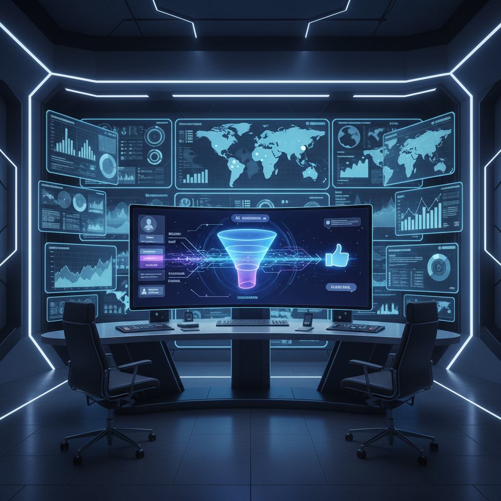 A photorealistic image of a high-tech sales command center: a sleek curved monitor displays an AI chatbot interface with a dynamic conversion funnel turning inquiries into closed deals, surrounded by multiple screens showing real-time engagement graphs and a wall of digital dashboards, no agents present. Cinematic lighting, professional studio quality, 8k.