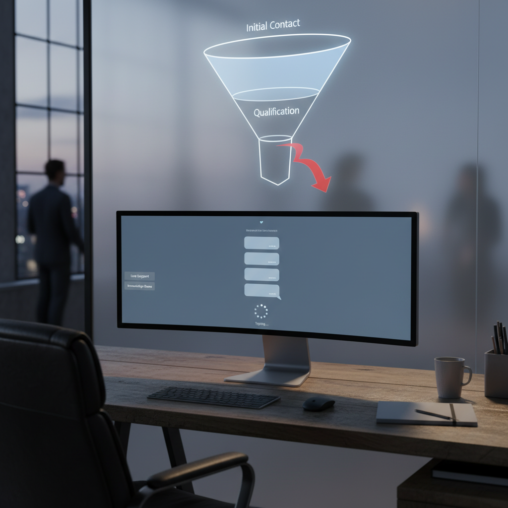 A photorealistic image of a sales desk with a computer screen showing a chatbot interface that stalls on the first interaction: several blank chat bubbles, a spinning loader, and a wall diagram of a funnel showing drop-off after the initial step. Cinematic lighting, professional studio quality, 8k.