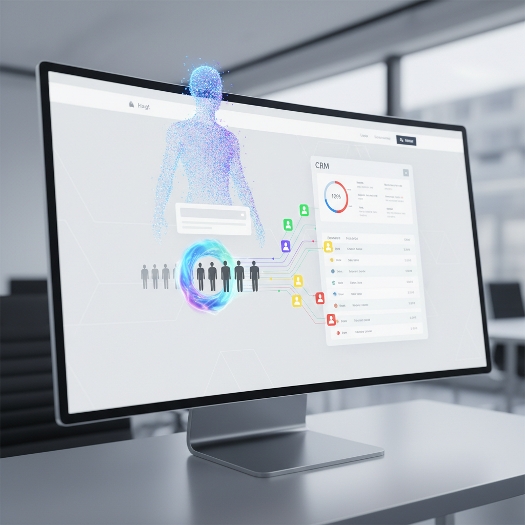 A photorealistic image of an invisible but guiding AI chatbot on a modern website, depicted as a barely visible translucent avatar hovering over a chat widget, with a stream of website visitors transforming into glowing, color-coded lead icons that flow into a CRM dashboard. Cinematic lighting, professional studio quality, 8k.