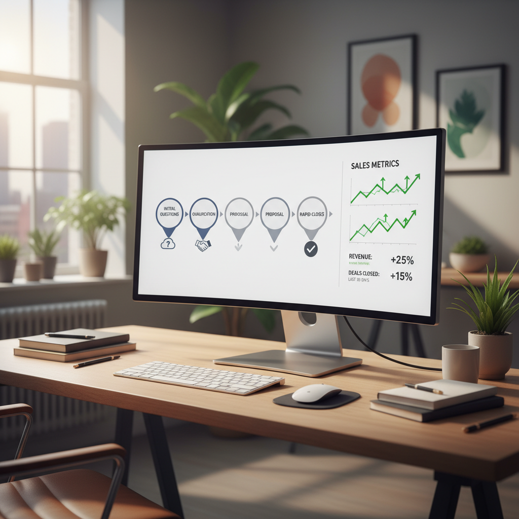 A photorealistic image of a strategy-focused workspace: a monitor displays a polished sales funnel from questions to rapid closes, with visual icons representing doubt transforming into a confident checkmark, a clean dashboard showing rising metrics, and a calm office backdrop. Cinematic lighting, professional studio quality, 8k.