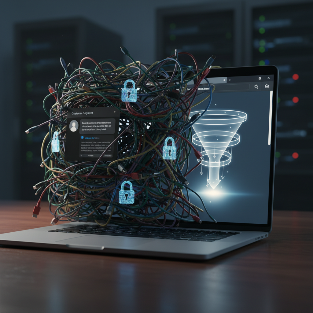 A photorealistic image of a laptop screen with a chat widget blocked by a barrier of tangled data cables and locked data icons between the chat and a bright lead funnel, representing obstacles that prevent conversion. Cinematic lighting, professional studio quality, 8k.