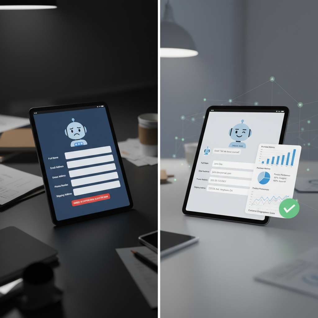 A photorealistic image of a split-screen showing left panel a chatbot failing to capture data with empty form fields on a tablet, and right panel a chatbot successfully guiding data capture, with a completed customer profile and visible charts and data points in a CRM. Cinematic lighting, professional studio quality, 8k.