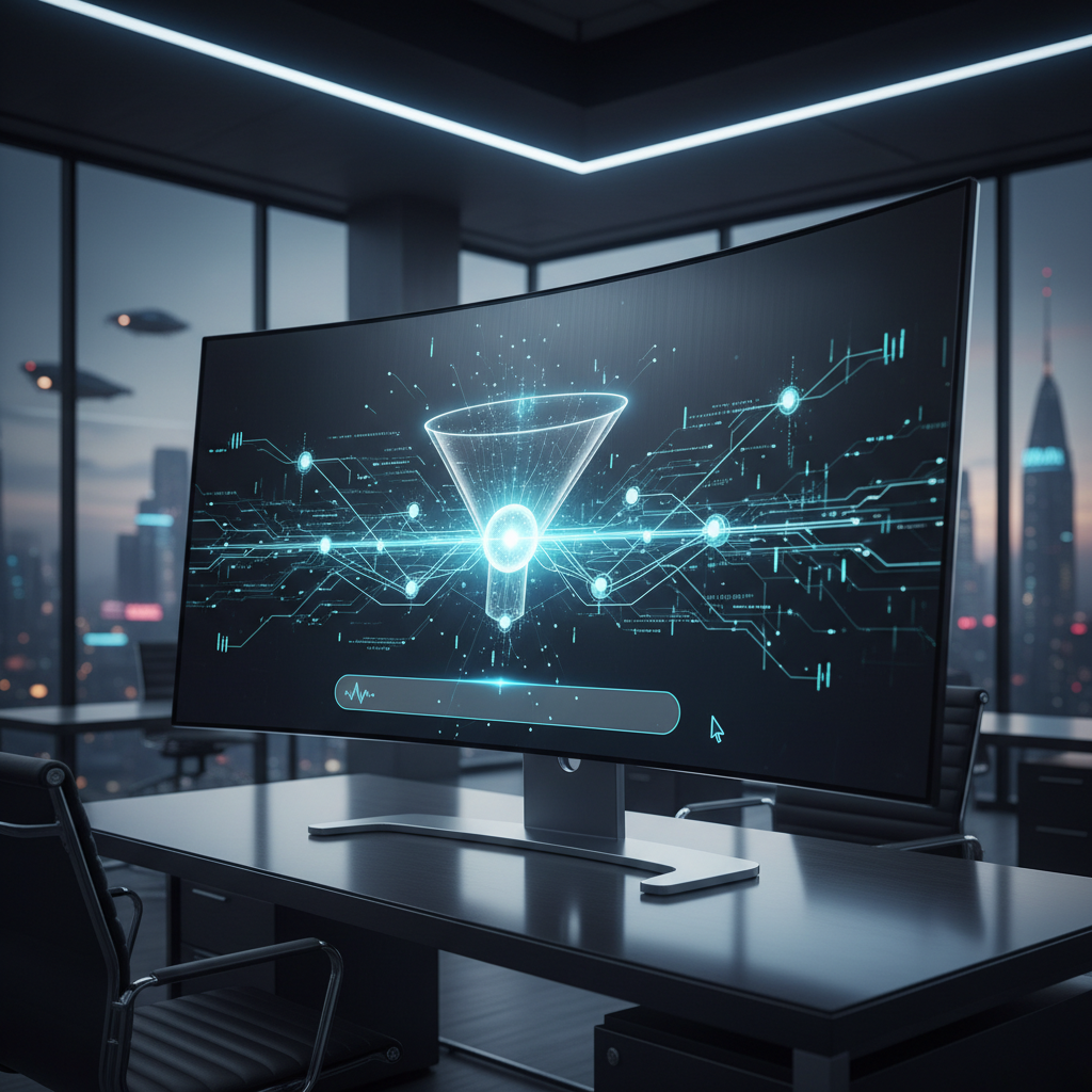 A photorealistic image of a futuristic AI chatbot interface on a large curved monitor in a sleek office, featuring an empty chat input field with a blinking cursor, and behind it a translucent data funnel guiding chat streams into a cluster of glowing lead nodes connected by lines. Cinematic lighting, professional studio quality, 8k.
