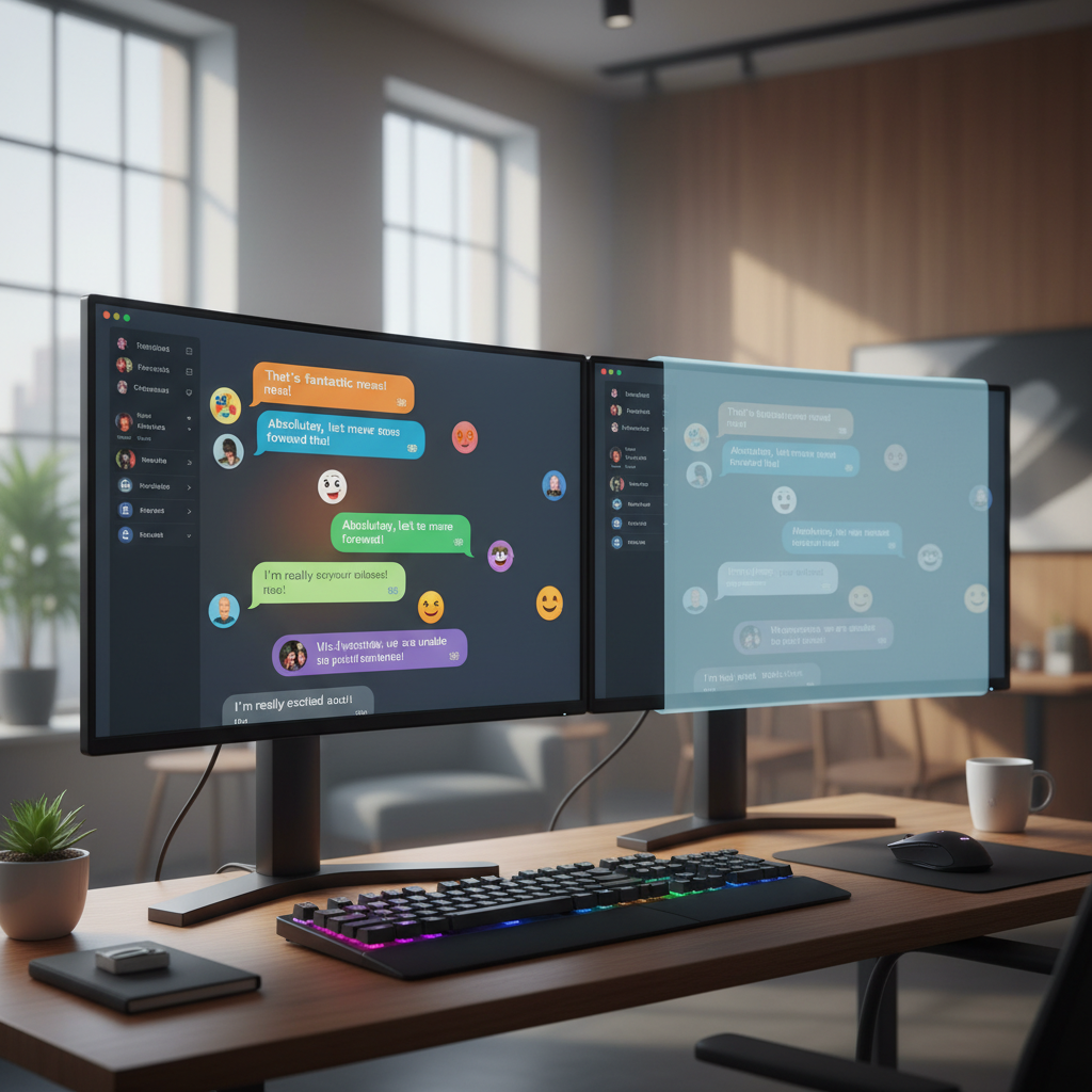 A photorealistic image of a desk with two monitors: the left monitor displays a vibrant, engaging chat interface, while the right monitor shows the same interface with a faint translucent veil over the data and a muted color palette, representing an invisible error transforming good conversations into cold leads. Cinematic lighting, professional studio quality, 8k.