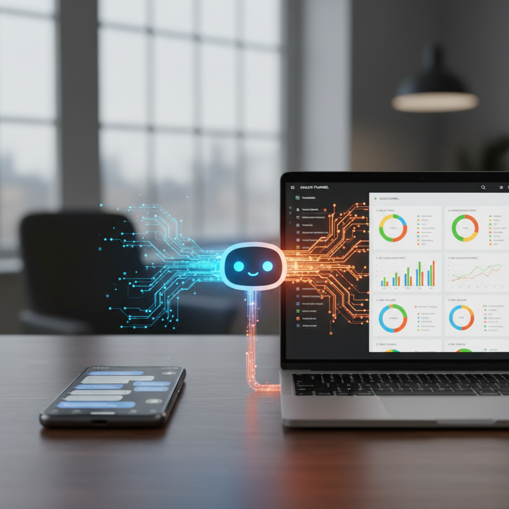 A photorealistic image of a split desk: on the left, a smartphone with a messaging app showing generic chat bubbles (no legible text) representing cold leads; on the right, a laptop displaying a CRM dashboard with charts and data points; a stylized chatbot icon sits between the two screens, connected by a glowing data stream that shifts from cool blue to warm orange, illustrating the transformation from cold to warm leads. Cinematic lighting, professional studio quality, 8k.
