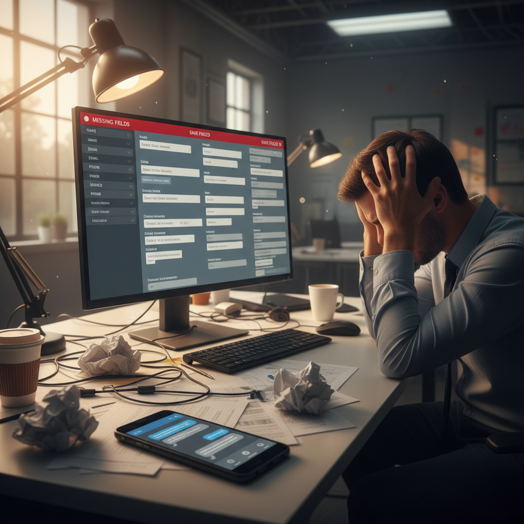 A photorealistic image of a cluttered desk with a smartphone showing a messaging app with generic chat bubbles (no legible text) and a computer monitor displaying a messy, manual lead intake interface with scattered fields and placeholders; a frustrated salesperson sits nearby with hands on their head, emphasizing bottlenecks in lead capture. Cinematic lighting, professional studio quality, 8k.