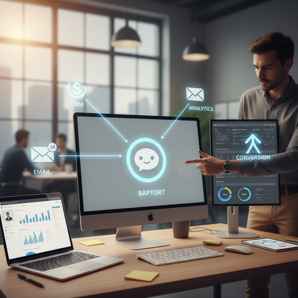 A photorealistic image of a business workspace showing a central chatbot icon on a monitor connected by glowing lines to a laptop displaying a clean CRM dashboard, a separate screen with an analytics panel, and a simple envelope icon representing email; a team member stands and points at the diagram, indicating integrated systems driving conversion. Cinematic lighting, professional studio quality, 8k.