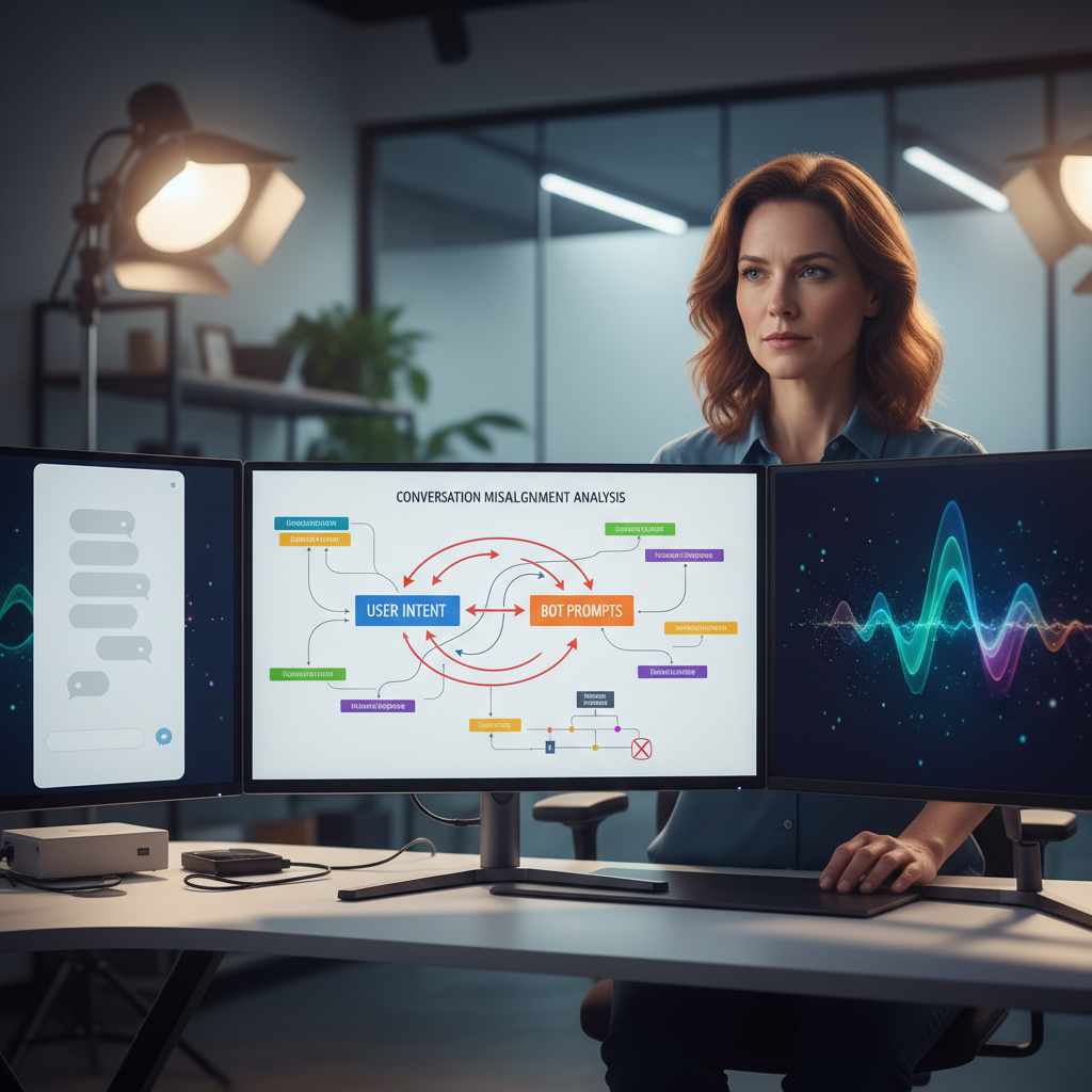 A photorealistic image of a marketing analyst at a desk with three monitors: one shows a chatbot widget with empty chat bubbles, another displays a diagram of misalignment between user intent and bot prompts using colored arrows and blocks, and the third shows abstract analytics graphs without legible text. Cinematic lighting, professional studio quality, 8k.