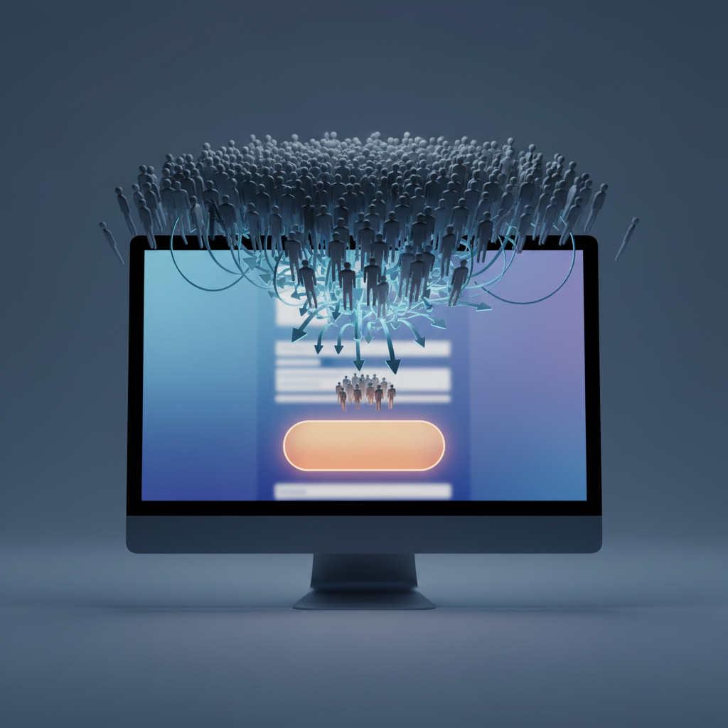 A photorealistic image of a website on a monitor with a dense crowd of generic silhouetted users above, arrows leading to a distant small group near a large unlabeled button, illustrating a wide gap between interest and action; no legible text visible on screen. Cinematic lighting, professional studio quality, 8k.