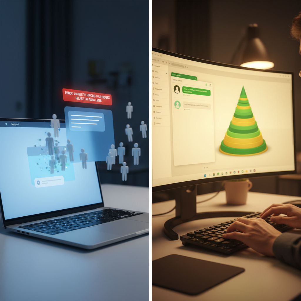 A photorealistic image of a split-screen scene: on the left, a laptop displaying an automated support chat with a red error alert and silhouettes drifting away from the chat; on the right, a human sales agent engaging a customer via chat on a desktop, with a clear upward-trending funnel visualization in the background. Cinematic lighting, professional studio quality, 8k.