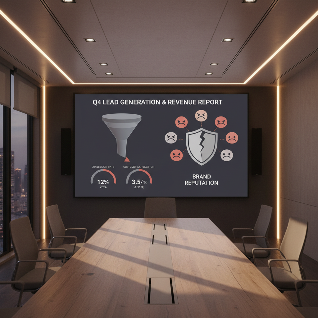 A photorealistic image of a modern conference room with a large monitor displaying a dashboard featuring a declining lead funnel, reduced conversion indicators, and unhappy customer avatars emphasizing the impact on brand reputation. Cinematic lighting, professional studio quality, 8k.