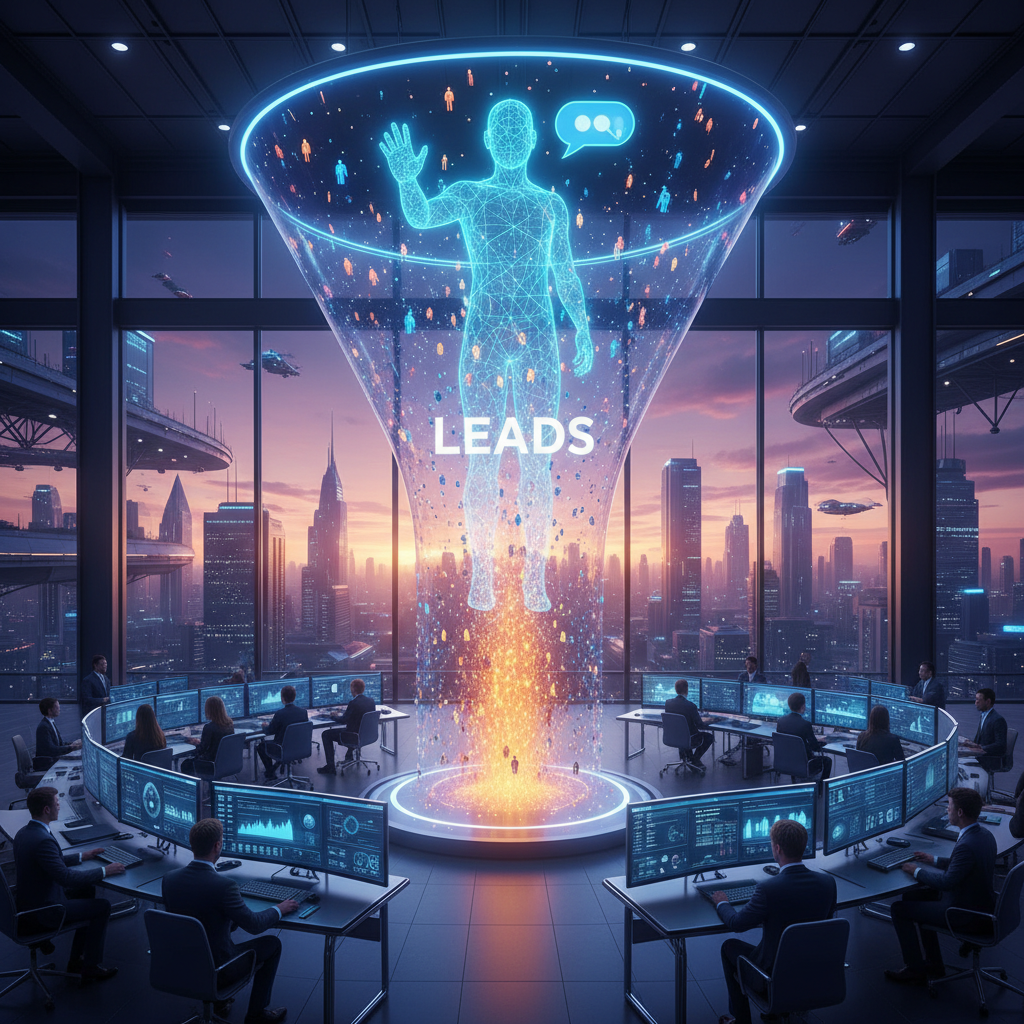 A photorealistic image of a futuristic corporate command center at dusk, a large translucent holographic funnel dominates the room, a glowing chatbot avatar at the funnel’s apex guides streams of digital visitors into a rising column of leads, analysts in business attire monitor the flow from sleek workstations. Cinematic lighting, professional studio quality, 8k.