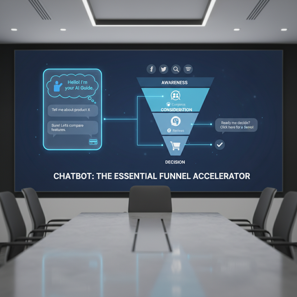 A photorealistic image of a modern conference room with a wall-sized display showing a three-stage marketing funnel, a sleek chatbot interface sits beside the funnel, actively guiding visitors through each stage, illustrating why a chatbot is essential for the funnel today. Cinematic lighting, professional studio quality, 8k.