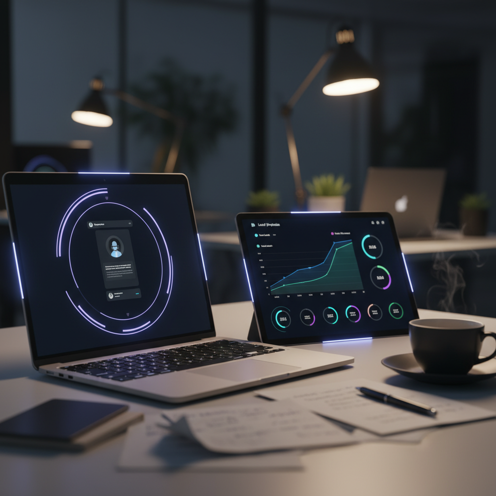A photorealistic image of a close-up on a desk with a high-end laptop and tablet displaying a polished chatbot UI and a real-time lead pipeline represented by graphs and icons, with a circular glow around the devices and a coffee cup and notes in the foreground suggesting continuous activity. Cinematic lighting, professional studio quality, 8k.