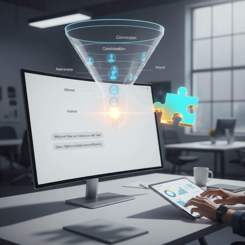 A photorealistic image of a modern office desk with a large monitor displaying a clean, neutral chatbot interface from a generative AI, and above the desk a 3D holographic lead funnel with multiple stages and translucent user icons, featuring a bright missing segment and a glowing puzzle piece hovering nearby as if ready to be placed to fix lead capture; a thoughtful analyst's hand rests on a tablet nearby. Cinematic lighting, professional studio quality, 8k.