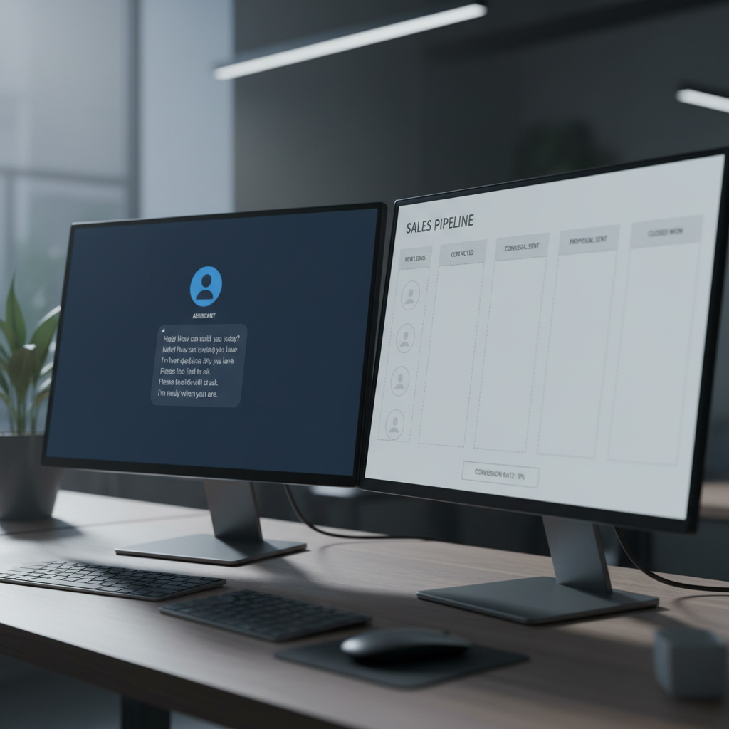 A photorealistic image of two monitors on a desk: the left screen shows a chat window with generic, non-specific responses from a generative chatbot, while the right screen shows a CRM-like dashboard with dimmed lead icons and empty data fields, illustrating the invisible problem in conversion; Cinematic lighting, professional studio quality, 8k.