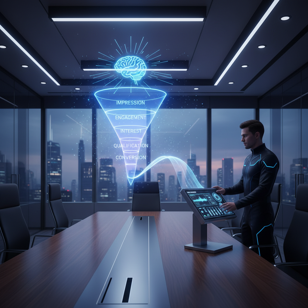 A photorealistic image of a modern conference room with a large holographic funnel diagram projected above the table, AI brain icon at the top connected by lines to each stage of the lead qualification funnel, and a technician adjusting a control panel with sliders and dials to align the Generative AI with the funnel; Cinematic lighting, professional studio quality, 8k.