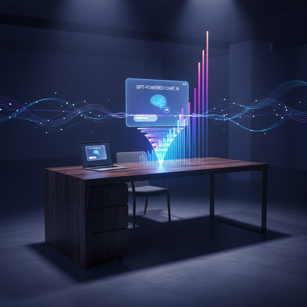 A photorealistic image of a modern desk with a laptop displaying a holographic GPT-powered chatbot interface, data streams forming a glowing funnel that guides anonymous user signals into a rising bar chart, no forms visible. Cinematic lighting, professional studio quality, 8k.