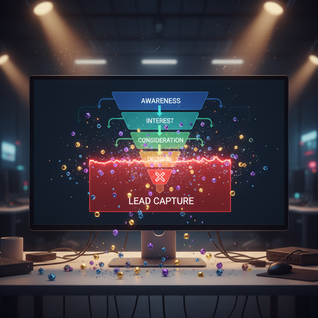 A photorealistic image of a large monitor showing a marketing funnel diagram with multiple stages, where the bottom stage is blocked by a red barrier and scattered data tokens fail to pass, illustrating sabotage of lead capture. Cinematic lighting, professional studio quality, 8k.