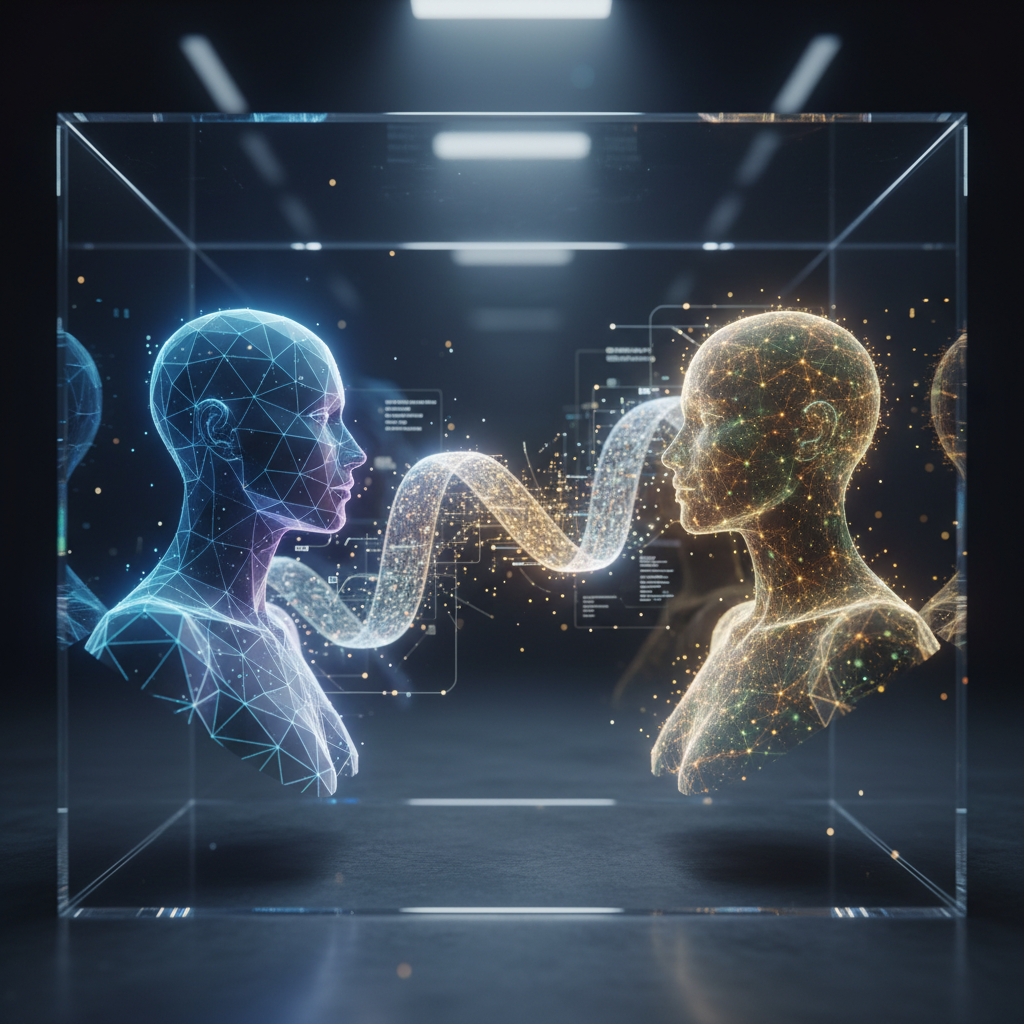 A photorealistic image of a user and a GPT-powered chatbot represented by abstract avatars across a glass interface, with a seamless glowing data thread bridging them, depicting frictionless and qualified conversations. Cinematic lighting, professional studio quality, 8k.