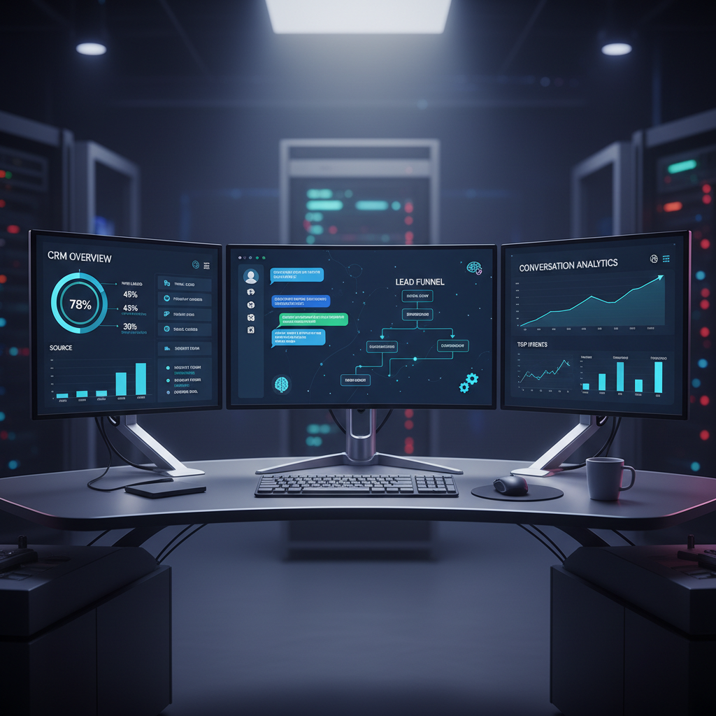 A photorealistic image of a modern, AI-powered chatbot interface on a multi-monitor workspace, showing a dynamic lead funnel and CRM dashboards with data points and charts, illustrating conversations being transformed into leads. Cinematic lighting, professional studio quality, 8k.