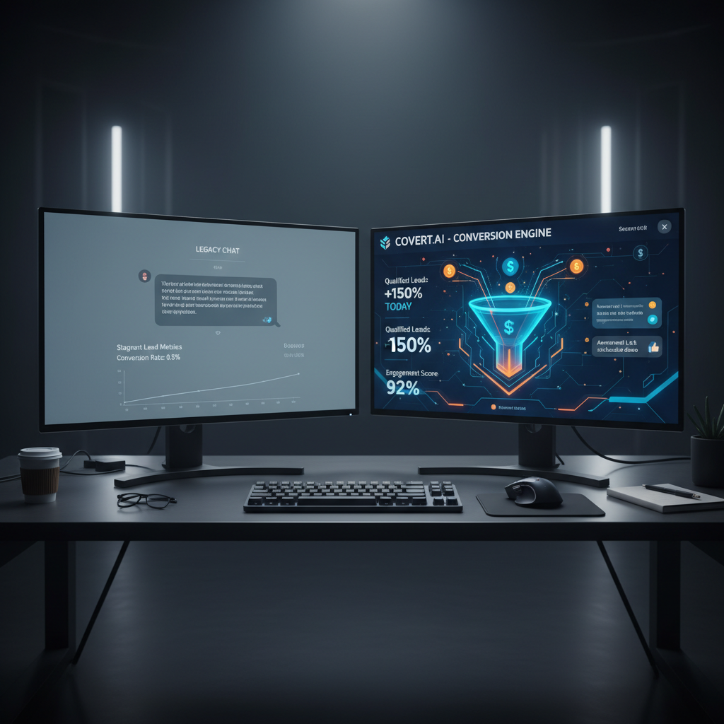 A photorealistic image of a professional workstation with two large screens side by side: the left screen displays a dull, inefficient chatbot interface with stagnant lead metrics, while the right screen shows a vibrant, AI-powered chat interface converting conversations into qualified leads, with a rising funnel and signals of engagement. Cinematic lighting, professional studio quality, 8k.