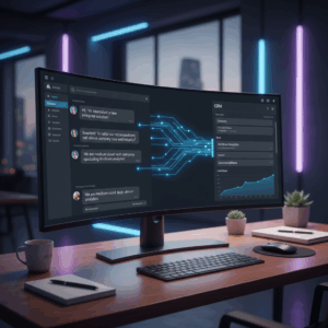 A photorealistic image of a modern office desk with a large monitor displaying a live ChatGPT conversation on the left and a CRM dashboard on the right, with visual data streams from the chat populating a new lead entry in the CRM, all in a sleek high-tech setting. Cinematic lighting, professional studio quality, 8k.