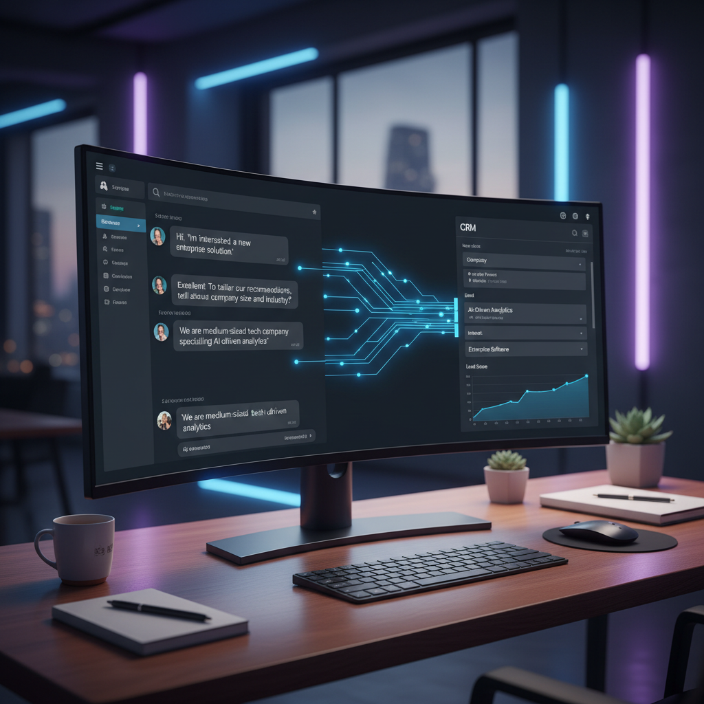 A photorealistic image of a modern office desk with a large monitor displaying a live ChatGPT conversation on the left and a CRM dashboard on the right, with visual data streams from the chat populating a new lead entry in the CRM, all in a sleek high-tech setting. Cinematic lighting, professional studio quality, 8k.