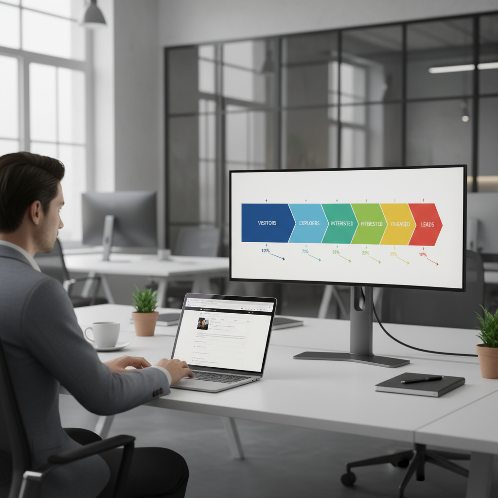A photorealistic image of a person seated at a desk viewing a website on a laptop while a second monitor shows a multi-stage, color-coded funnel graphic narrowing from left to right, representing visitor-to-lead drop-off in a contemporary office. Cinematic lighting, professional studio quality, 8k.