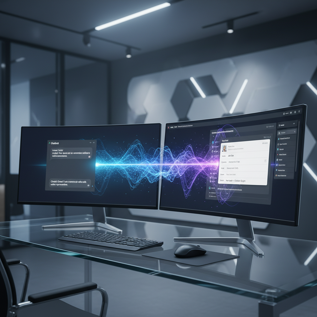 A photorealistic image of a modern workstation with two large monitors on a glass desk: the left monitor displays an active chatbot conversation, the right monitor shows a CRM dashboard with a newly created lead profile, and a glowing data stream connects the chat to the lead card, illustrating the conversion of conversations into customers. Cinematic lighting, professional studio quality, 8k.